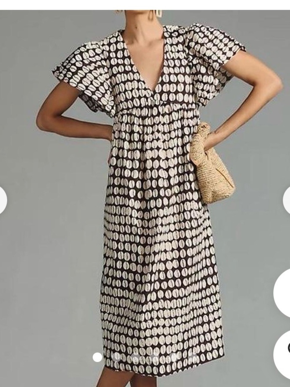 Maeve Black & White Dot-Print V-Neck Midi Dress